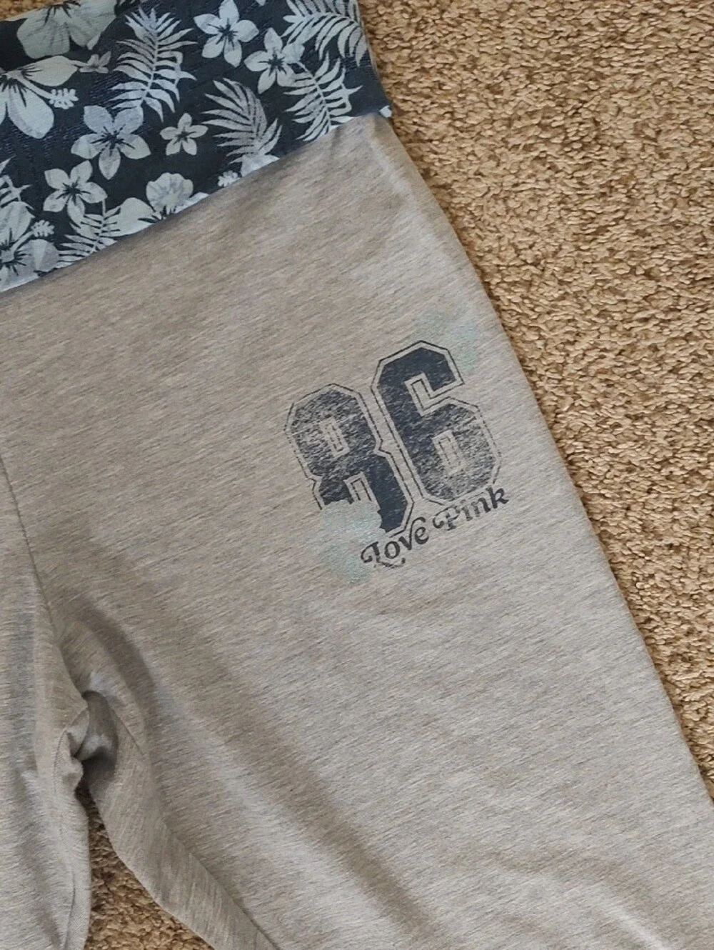PINK Victoria's Secret Grey Capri Leggings with Navy Floral Waistband